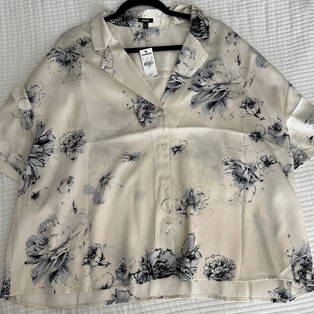 Floral Print Satin Cream Blouse